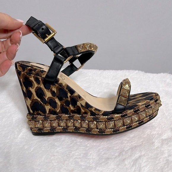 Christian Louboutin Nappa Leopard Pira Ryad 110 Wedge Sandal Black Marron 35 - Picture 5 of 13